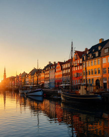 Kopenhag'daki Nyhavn sahil şeridinin altın saatteki renkli görüntüsü.