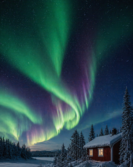 Kuzey ışıkları (aurora borealis), donmuş İsveç Lapland manzarası üzerinde