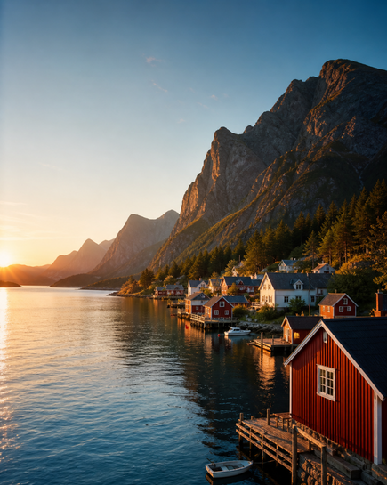 Norveç'te bir fiyort köyü üzerinde sakin bir gün batımı.