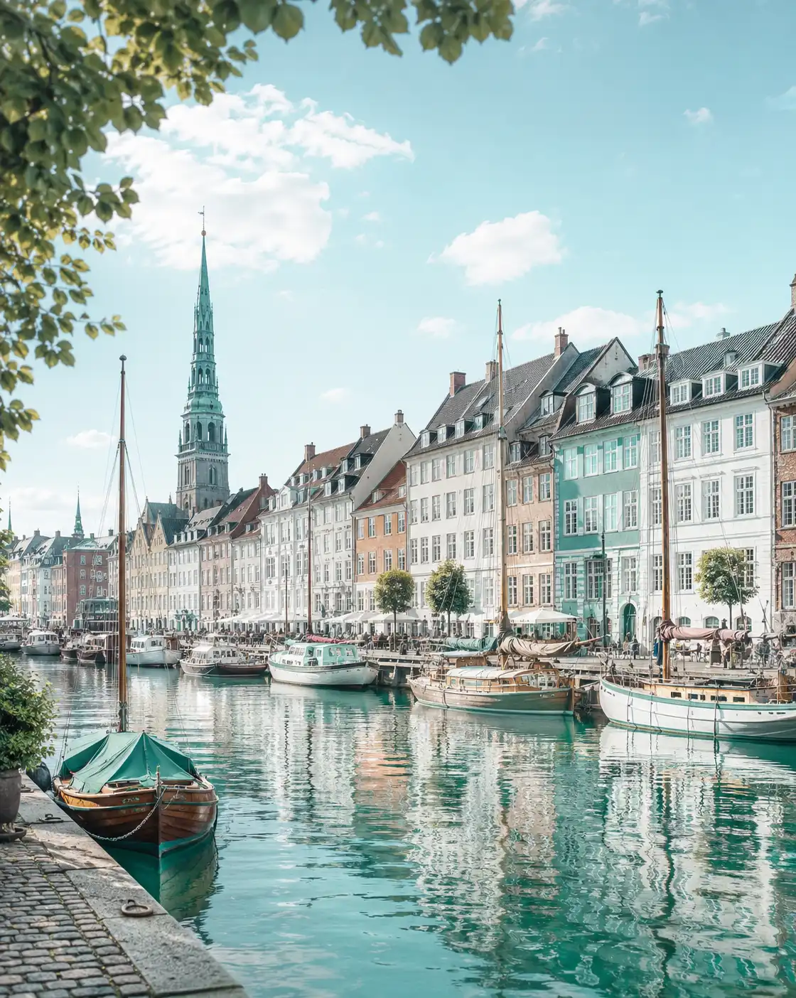 Kopenhag'daki Nyhavn sahil şeridinin altın saatteki renkli görüntüsü.