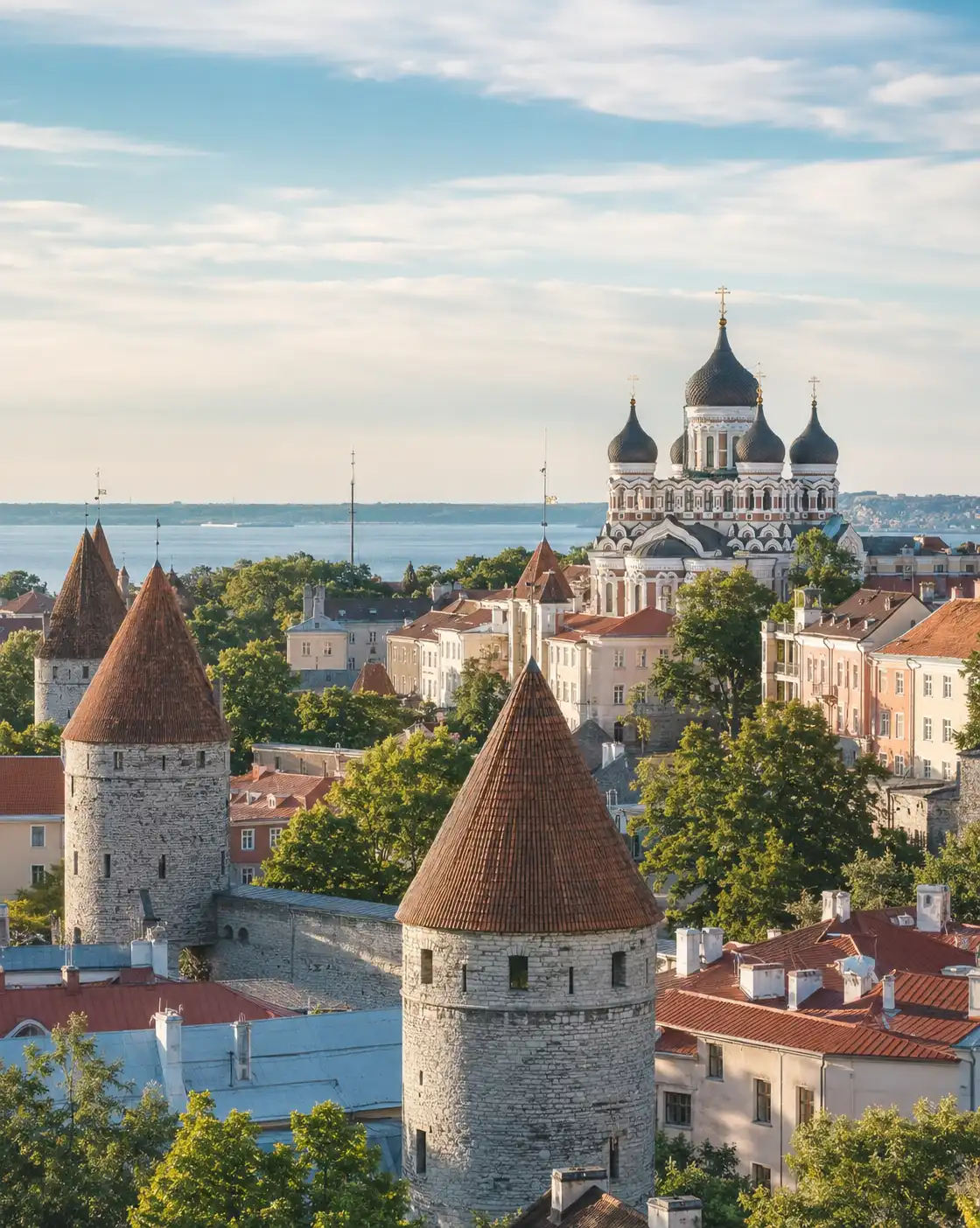 Estonya’nın Tallinn kentinde Orta Çağ sur kuleleri, tarihi Eski Şehir ve Alexander Nevsky Katedrali manzarası.
