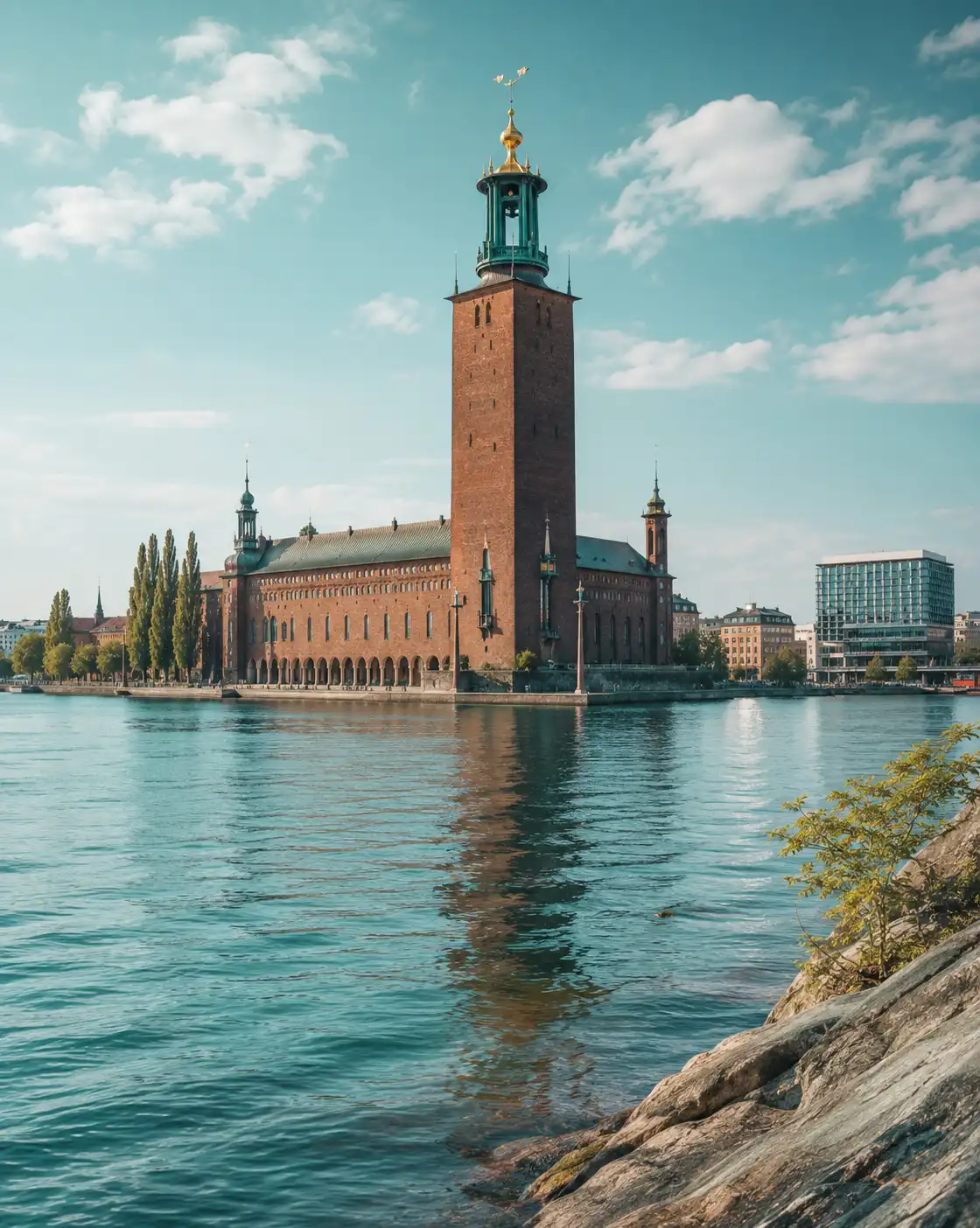 İsveç’in Stockholm kentinde, Mälaren Gölü kıyısındaki tarihi Stockholm Belediye Binası ve kule manzarası.