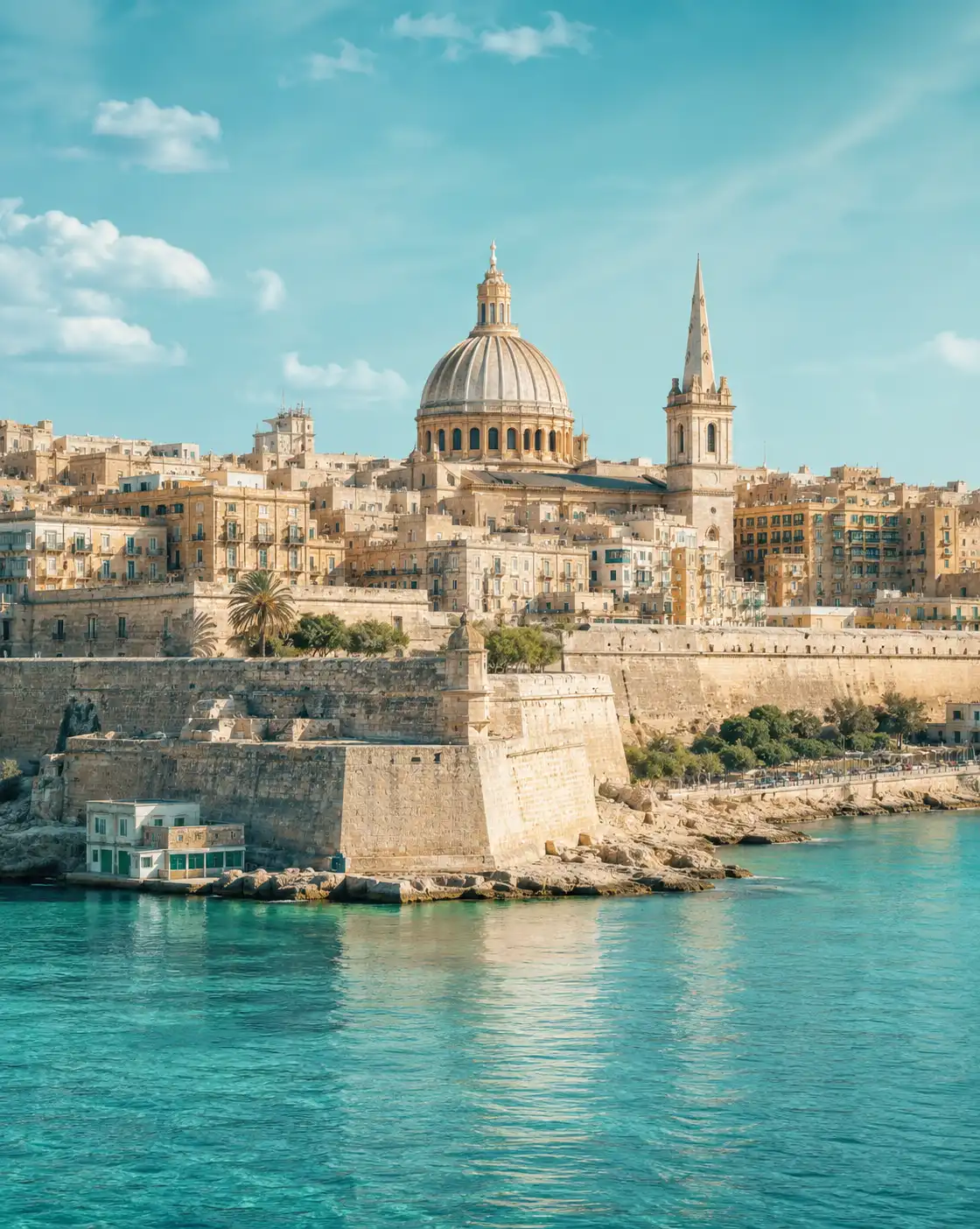 Malta’nın başkenti Valletta’da tarihi surlar, Karmelit Bazilikası’nın kubbesi ve Akdeniz kıyısı manzarası.