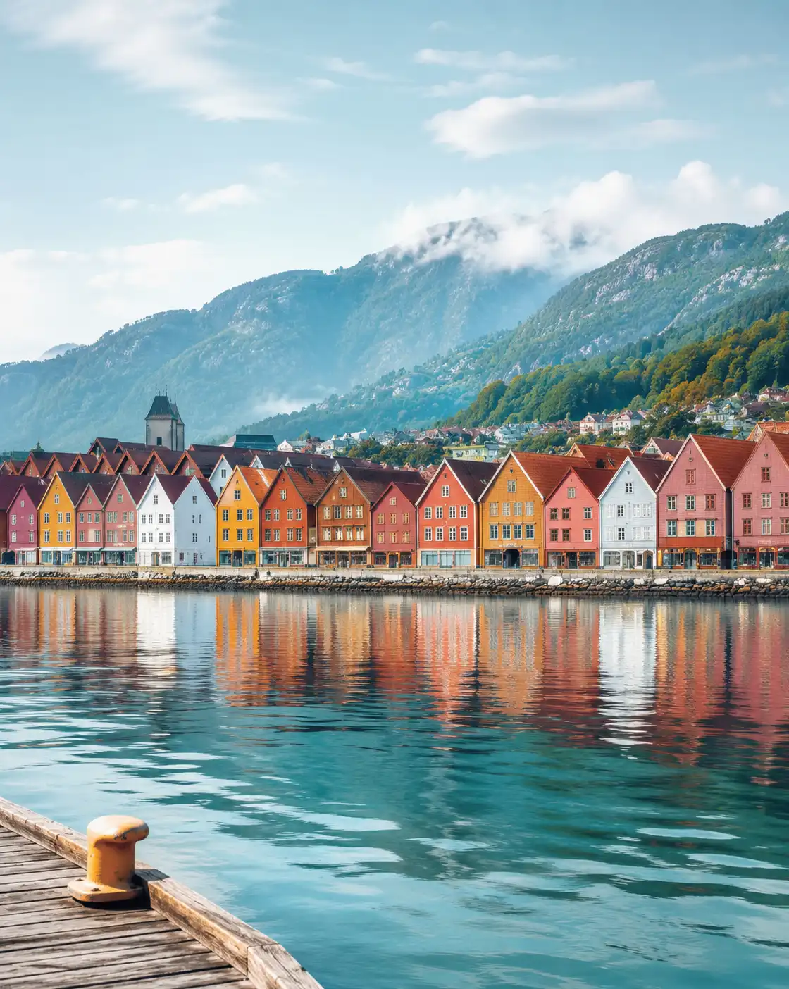 Norveç’in Bergen kentindeki tarihi Bryggen evleri, sakin liman ve arkadaki dağ manzarası.