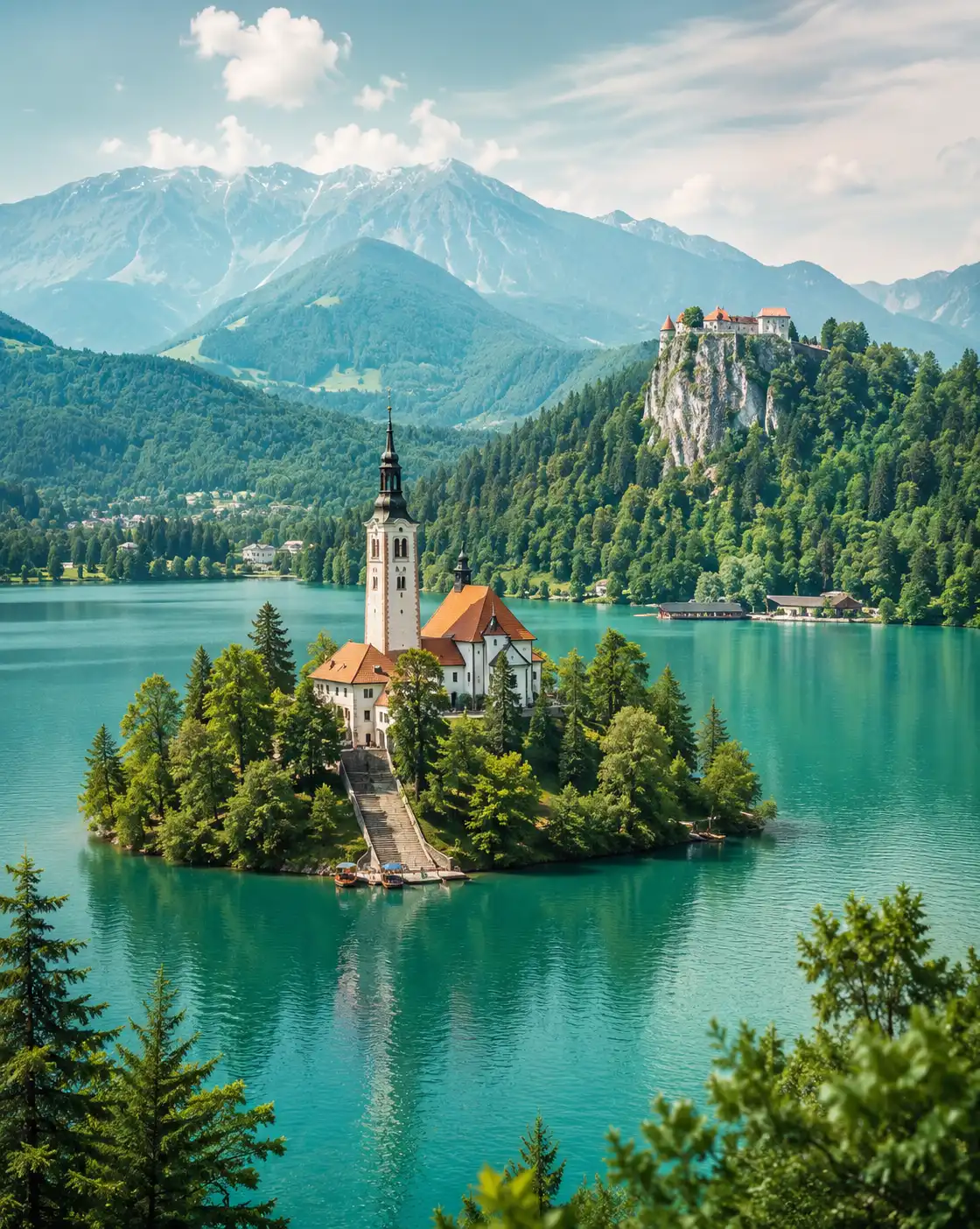 Slovenya’daki Bled Gölü, göl üzerindeki tarihi ada kilisesi, Bled Kalesi ve Alp Dağları manzarası.