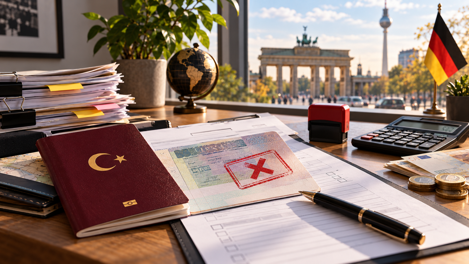 Brandenburg Kapısı ve Almanya bayrağı önünde pasaport ile ret işaretli vize başvuru belgeleri