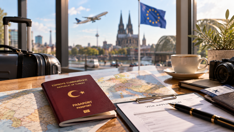Schengen vizesi sürecini planlamak için masadaki pasaport, takvim ve evraklar ile arka planda Avrupa Birliği bayrağı